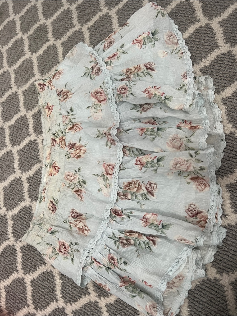 LoveShackFancy Light Blue Floral Ruffle Mini Skirt